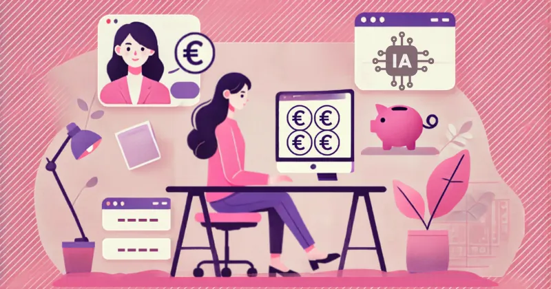 Ilustración de una mujer trabajando desde casa con ChatGPT, IA y símbolos de euro para representar ingresos online.