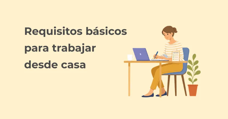 Ilustración de una mujer trabajando en un portátil para una guía sobre requisitos básicos para trabajar desde casa.