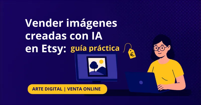 Ilustración de una mujer trabajando en un portátil junto a una imagen digital, para una guía sobre vender imágenes creadas con IA en Etsy.