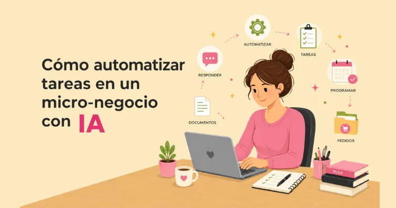 Emprendedora automatizando tareas de un micro-negocio con IA desde su portátil.