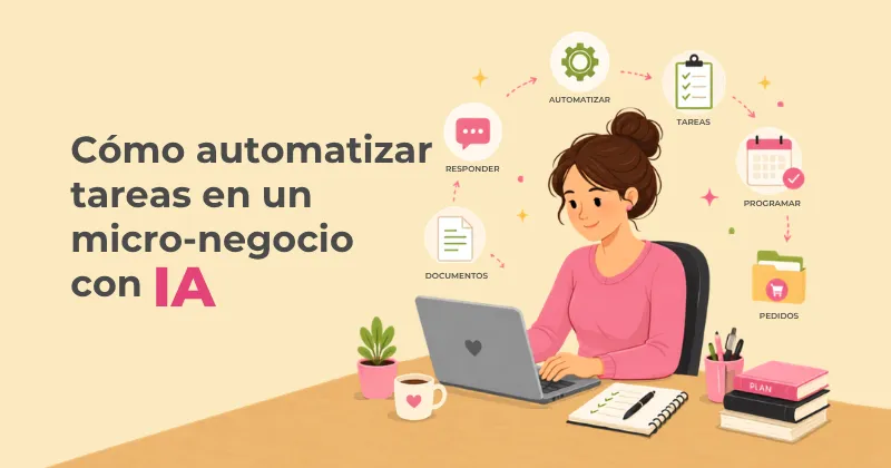 Emprendedora automatizando tareas de un micro-negocio con IA desde su portátil.