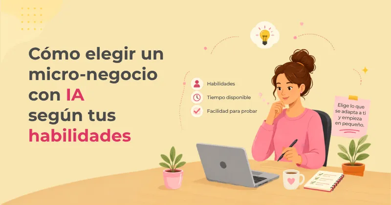 Ilustración sobre cómo elegir un micro-negocio con IA según las habilidades, el tiempo disponible y la facilidad para probar una idea.
