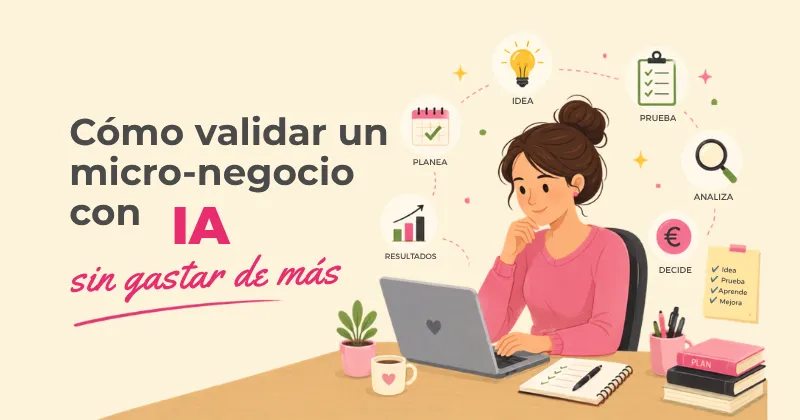 Mujer validando un micro-negocio con IA mediante una checklist, análisis y pruebas de bajo coste.